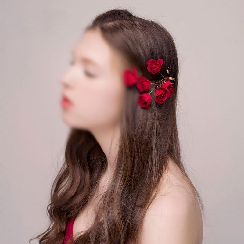 Chinese Vintage Red Wedding Flower Fabric Rose Bridal Hair Clip image 2