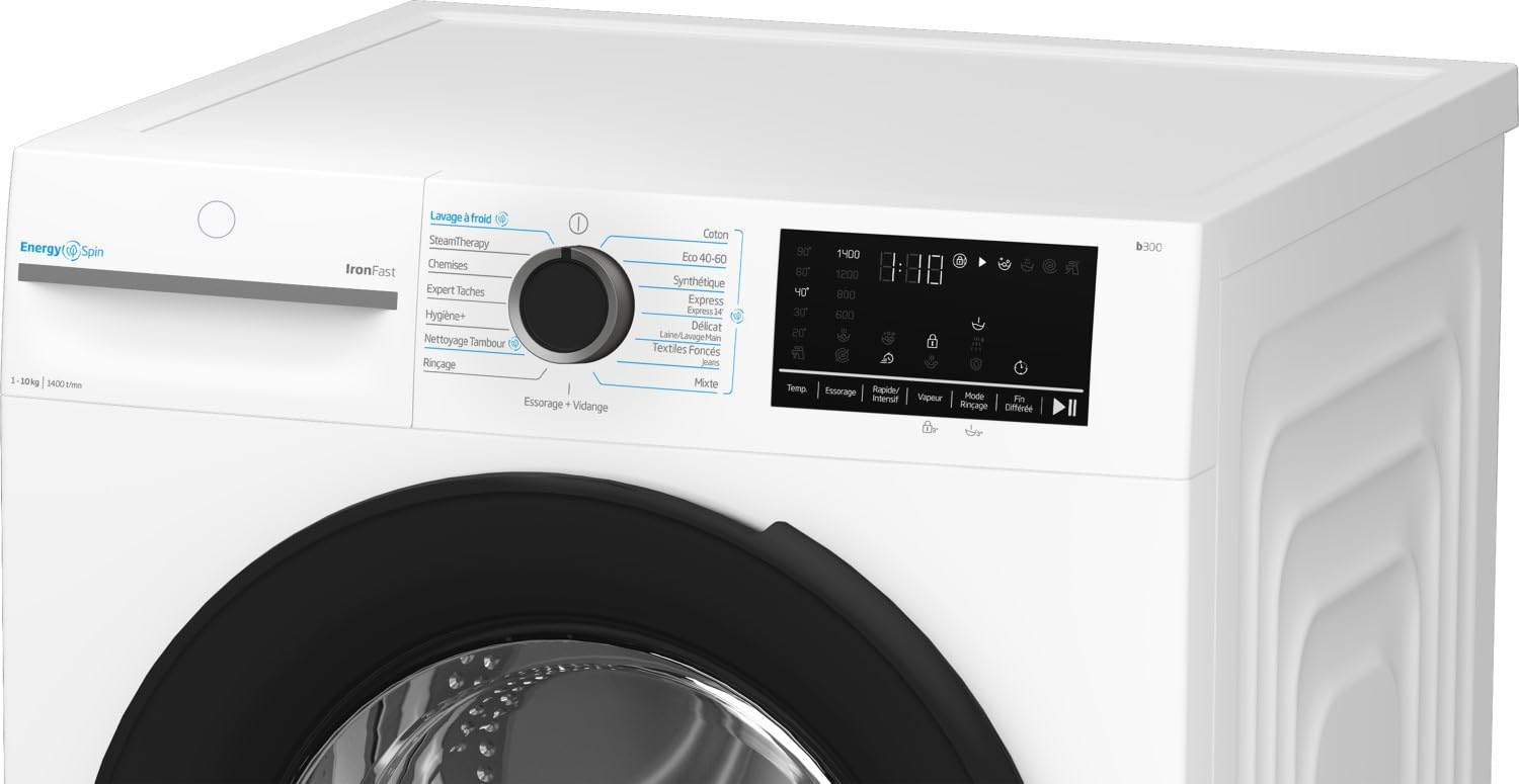 Beko BM3WFU410411B Lave‑linge Frontal 10 kg, 15 programmes, 1400 trs/min, Classe A, SteamTherapy, IronFast, Blanc
