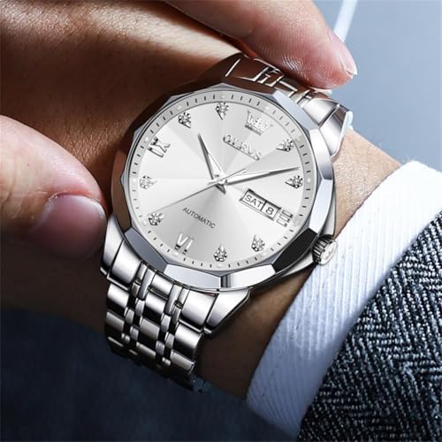 Image of OLEVS Watch for Men Automatic Classic Mechanical Watch Diamond Mirror Stainless Steel Dress Casual Waterproof Day /Date Calendar