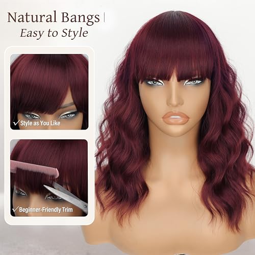 Image of Nnzes Bob Curly Wig Synthetic Short Wine Red Wig with Bangs Natural Looking Heat Resistant Fiber Hair for Women