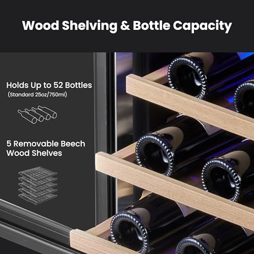 Image of Yeego 24 Inch Wine Fridge, 52 Bottle Dual Zone Wine Cooler with Left Hinged | Built-In or Freestanding, Under Counter Wine Refrigerator with Glass Door, 40-65F | For Home Bar, Kitchen