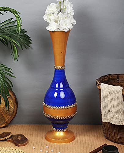 AdiCollar Flower Vase Big Size for Living Room Corner - 24 Inches Long - Blue Golden - Pack of 1