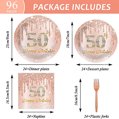 Image of 96 Pieces 50th Birthday Tableware Set for Pink Rose Gold 50th Birthday Table Decorations Supplies Pink Rose Gold Happy 50 Years Old Dessert Paper Plates Napkins Forks for 24 Guests Women Supplies