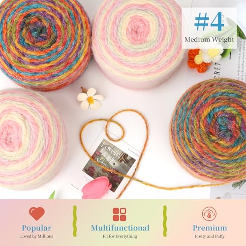 Image of Aeelike Ombre Yarn for Crocheting, 4 PCS Colorful Gradient Yarn #4 Medium, Each 190g(6.7 oz) 400m(437.5 Yards) 71% Acrylic 29% Nynon, Soft Cake Crochet Yarns for Blanket, Scraves, Sweaters, Color A