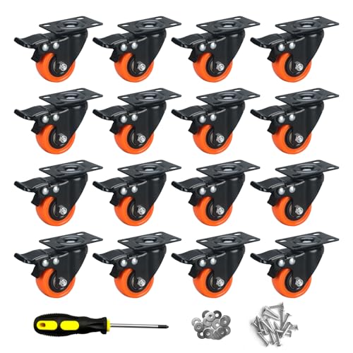 Image of 2 inch Caster Wheels Set of 16, Heavy Duty Casters with Brake, No Noise Locking Casters with Orange Polyurethane (PU) Wheels, Swivel Plate Castors Pack of 16