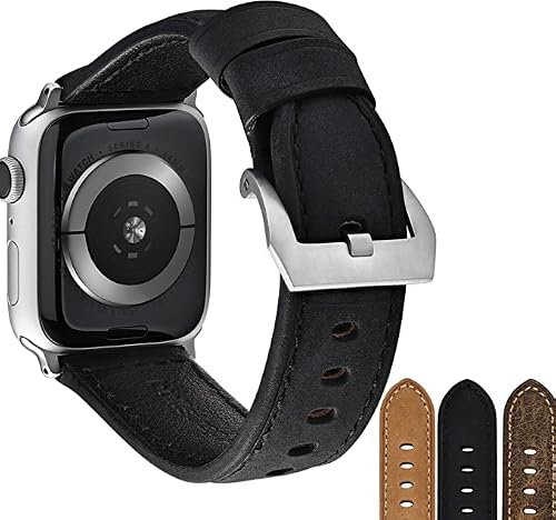 Bullstrap Men's Full-Grain Italian Leather Watch Band Compatible With Apple Watch Series 1-8, 41-40-38Mm, Matte Black Edition With Silver Hardware #TOP1