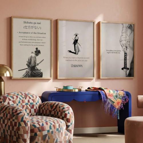 Image of kotart Japanese Samurai Motivational Art Wall Framed Posters | Aesthetic Japanese Theme Framed Poster for Living Room Bedroom Gaming Room Studio Wall Decor Set Of 3 (13X17 inch)