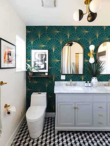 Safiyya 118"X17.3" Wallpaper Gold And Teal Peel And Stick Wallpaper Geometric Stripe Contact Paper Self Adhesive Removable Wallpaper Modern Boho Contact Paper For Walls Covering Vinyl Rolls #TOP2