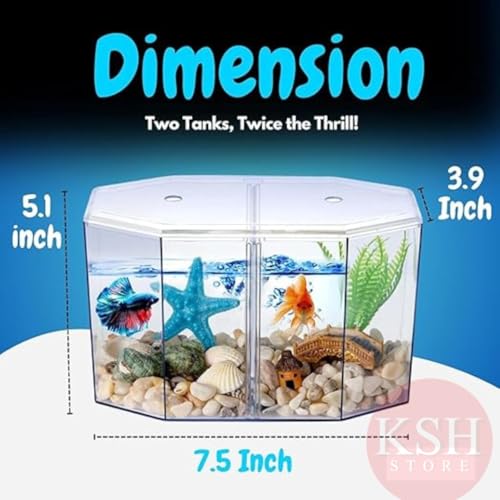 Image of Double Compartment Betta Fish Tank with Divider, 2 INCH Plant- 2,Acrylic Breeding Box for Fish, Shrimp and Jellyfish Colour May Vary (Tank)