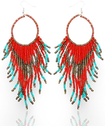 Colorful Bead Dangles, Cowboy Chic Earrings for Women, Boho Handmade Red, Gold, Turquoise Earrings, Ethnic Dangling Beads Design, Gift-Ready, Perfect for Concerts & Festivals