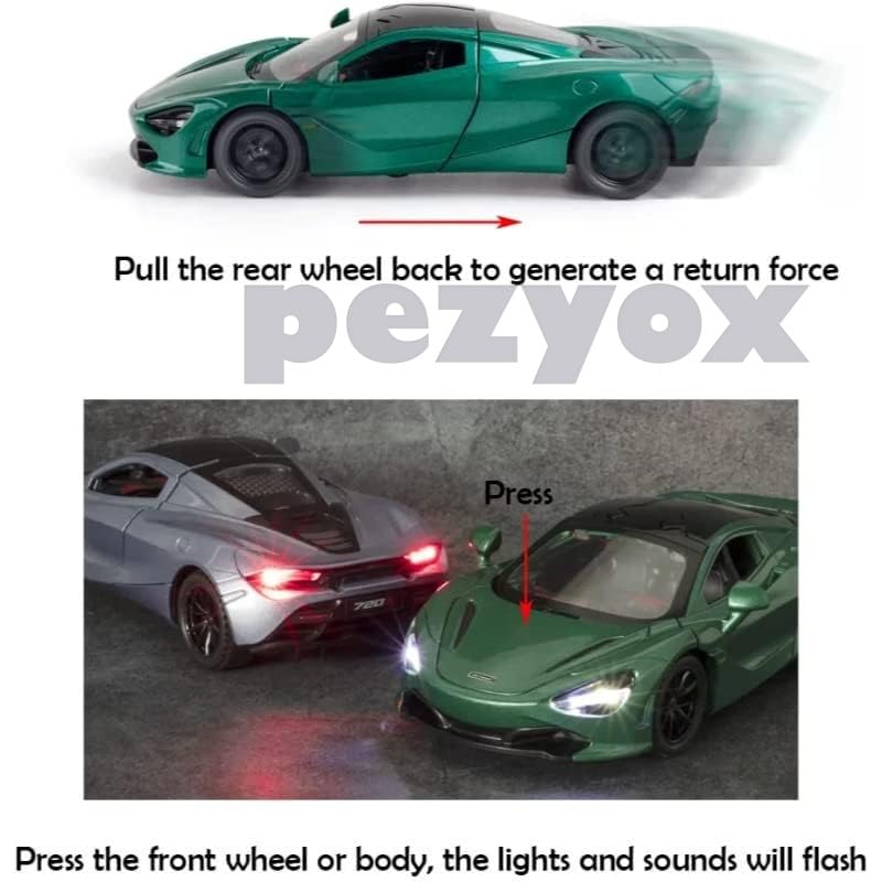 Image of McLaren 720s Model Car Sports Car 1:32 Exclusive Alloy Metal Pull Back Die-cast Car Diecast Metal Pullback Toy car with Openable Doors & Light Music Gifts Toys for Kids (green)