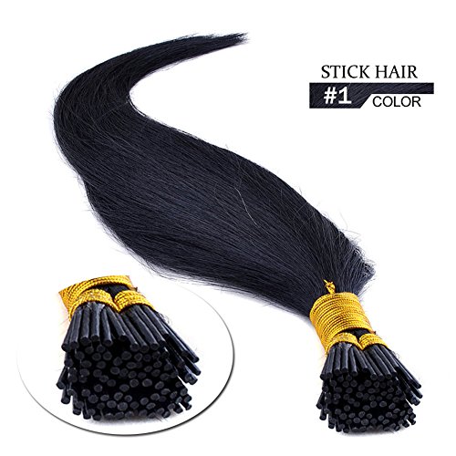 100S Stick I- Tip Hair Extensions Remy Human Hair Extensions Black Straight 50g (18 Inch, 1 Jet Black)