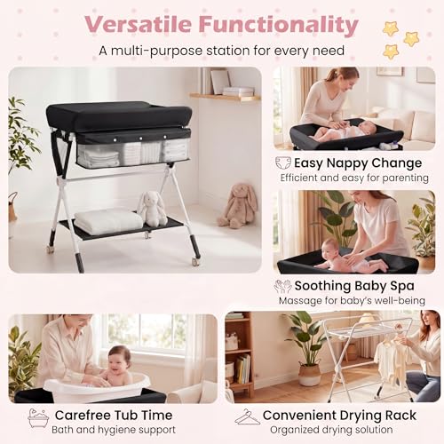 Image of HONEY JOY Changing Table, Folding Mobile Nursery Organizer w /Wheels, Adjustable Height, Storage Bag & Open Shelf, Portable Diaper Changing Station for Newborn Infant (Black, 32 inchx26 inchx39.5 inch)