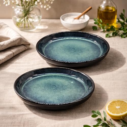 Image of Lemon Tree Snack Serving Plate, Round Ceramic Deep Salad, Pasta Plate, Set of 2 Dinner Plates for Kitchen, Microwave, Dishwasher & Oven Safe (6 Inch, Snack Plate) (Green)