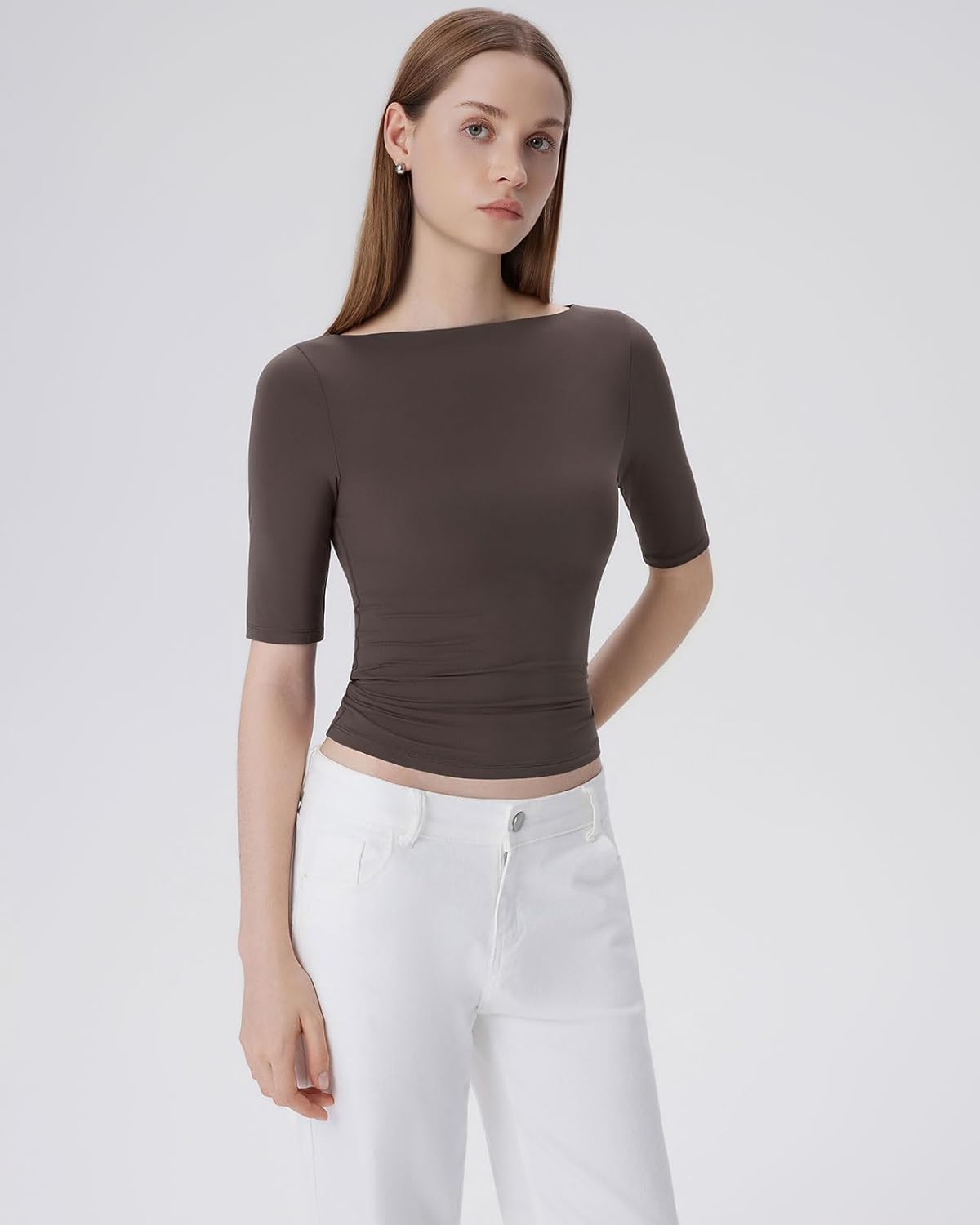 SUUKSESS Women Double Lined Half Sleeve Boat Neck Tops Tight Fitted Shirts - Image 3