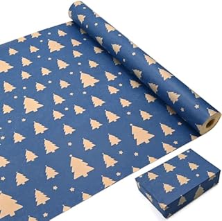 Roll of Kraft Wrapping Paper Roll, kolorowy prezent, w 100% z recyklingu, ekologiczny, na prezent, imprezę, Boże Narodzenie, dekoracja urodzinowa (niebieskie drzewo)