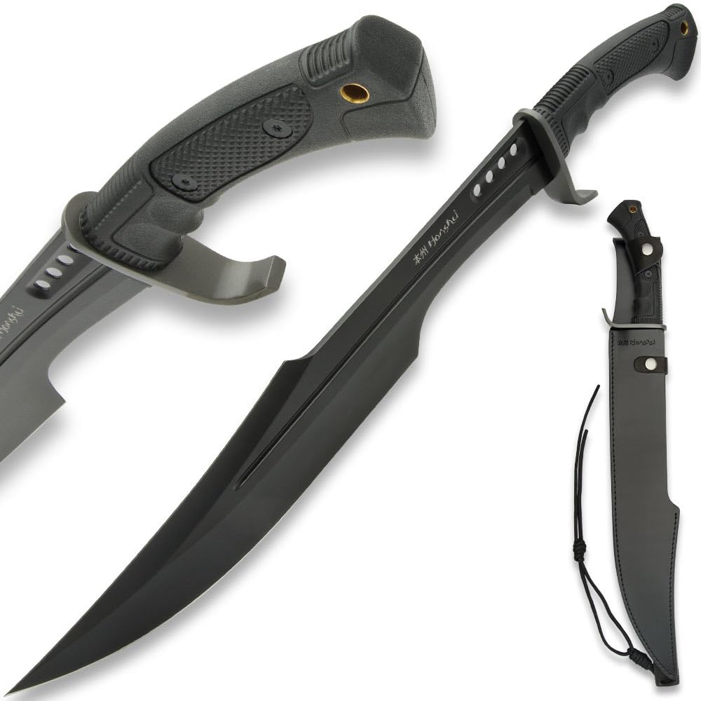 Honshu Spartan Sword and Scabbard - Midnight Forge | Battle Ready Full Tang | Damascus Steel Blade - 16.5” Length | Real Swords for Adults | 23” Overall