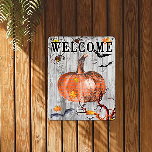 Panneau métal Welcome Halloween citrouille érable 30x40 cm décor mural