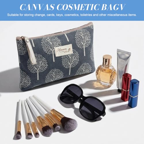 Image of MAYCREATE 2Pcs Canvas Makeup Pouch Bag Zipper Small Makeup Organisers Cosmetic Bag for Lipstick Toiletries Stationeries, Portable Make Up Pouch for Woman Travel and Daily Use - Size 22x14cm