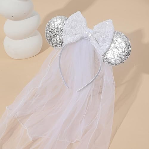 Miniatura 2 de JIAHANG Diadema de ratón con velo de novia, orejas de boda de luna de miel, despedida de soltera para mujeres y niñas, ZZ plateado, 1 recuento