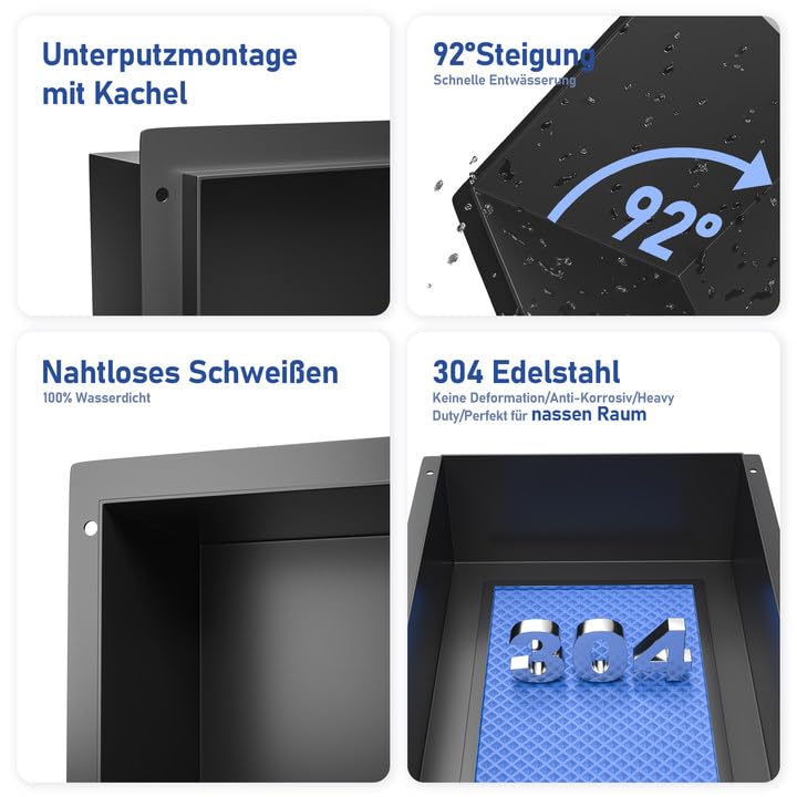 Bernkot Niche Murale En Acier Inoxydable 304 - Noir - 60 X 30 Cm