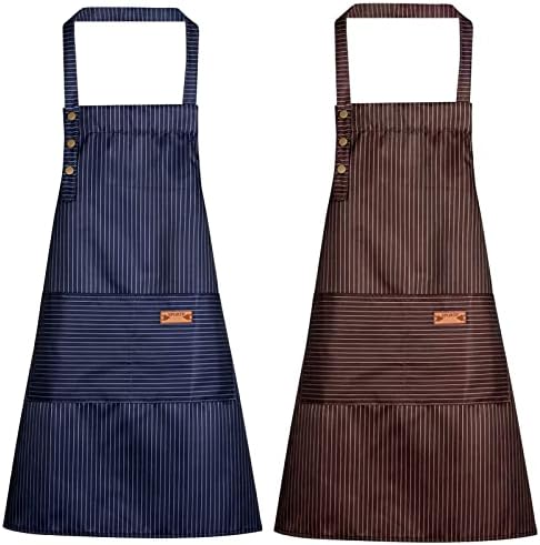 FEOYA Sleeveless Apron for Women Men 2 Pack Waterproof Adjustable Bib Apron with 2 Pockets Unisex Oil Stain Resistant Coffee Kitchen Cooking Restaurant Chef Home Baking Gardening BBQ Stripe Apron