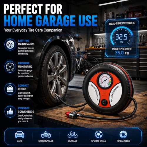 Image of 12V DC Portable Air Compressor Tire Inflator Pump with Analog Pressure Gauge | Car Tyre Air Pump for Cars, Bikes, Scooters & Cycles | Emergency Roadside Air Inflator with Nozzle Adapters