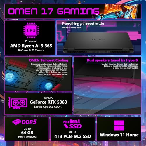 Image of HP OMEN 17.3 inch RTX 5060 AI Gaming Laptop, FHD IPS 144Hz, AMD Ryzen AI 9 365(Beats Intel i9), 64GB DDR5 RAM, 2TB SSD, RGB Backlit KB, Low Blue Light, Bundle with Thunderobot 7 in-1 USB-C Hub