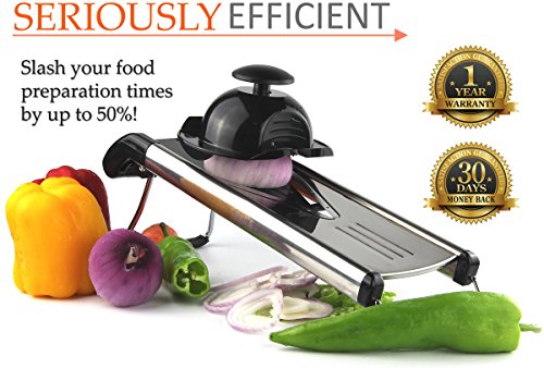 Trancheuse Mandoline Professionnelle INSPIRATIONS du Chef. L'alimentation et Les Fruit des Trancheuses. Inclut 6 Inserts, Brosse de Nettoyage et Manche de Sécurité de Lame. Acier Inoxydable