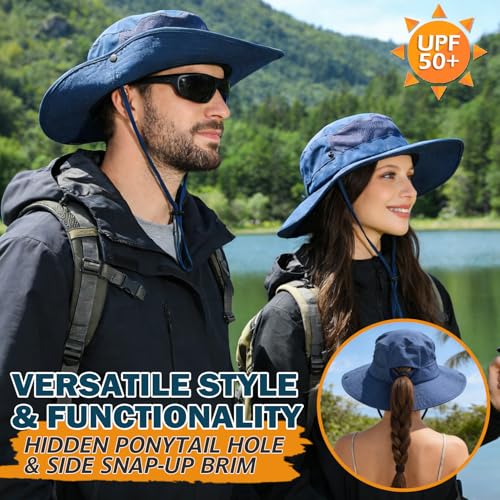 Sun Hats for Men Women Wide Brim Bucket Hat UPF 50+ Ponytail Boonie Hat Packable UV Protection Hiking Beach Fishing Safari