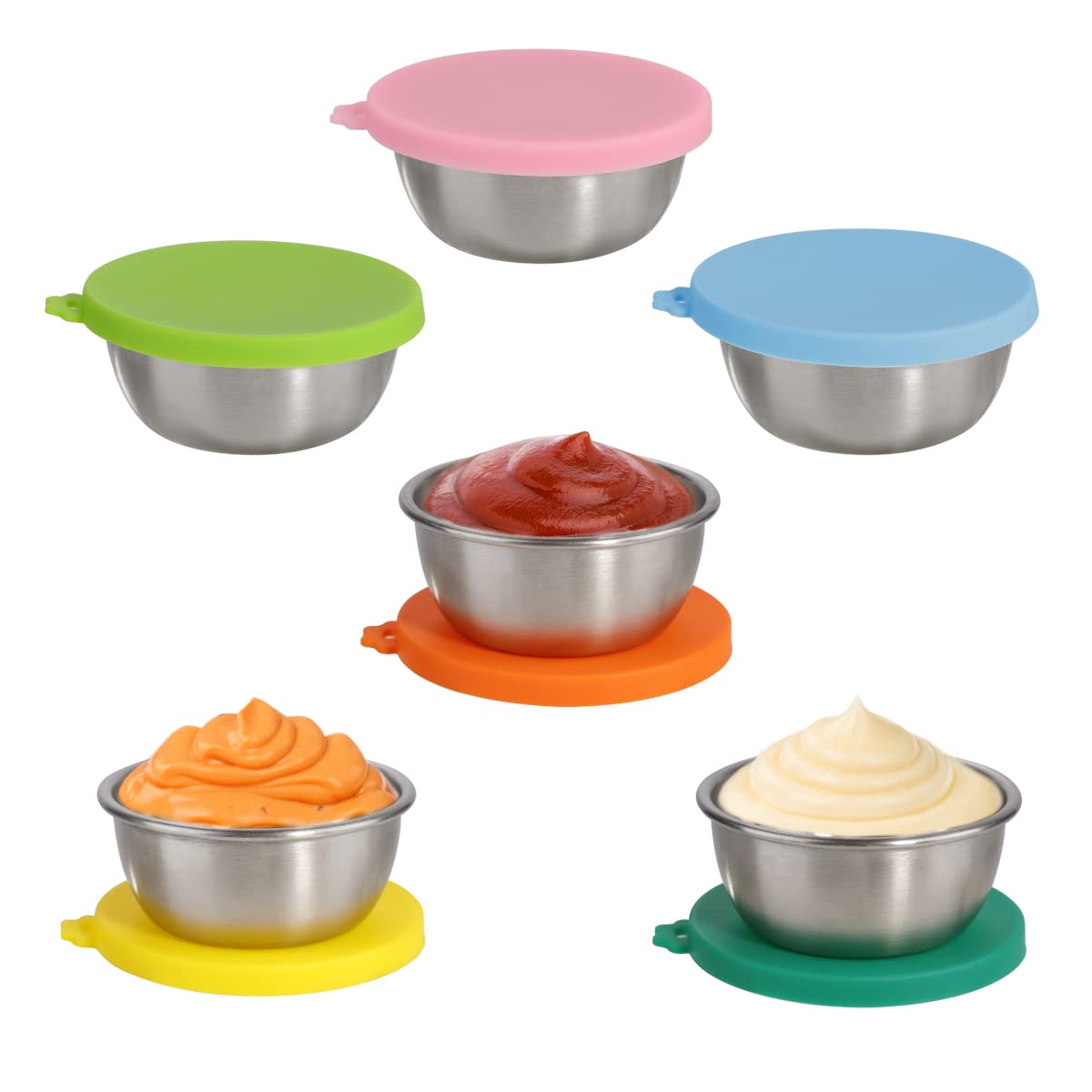 6 Pack Salad Dressing Container, 1.69 oz Small Containers with Lids, Reusable Sauce Containers for Lunch Box, Stainless Steel Condiment Cup, Easy to Open, Leakproof Dipping Sauce Cups