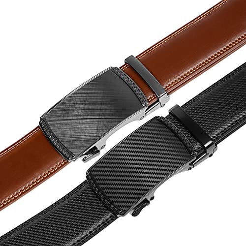 Image of Founders & C Mens Belt 2 Pack,Leather Ratchet Click Belt Dress with Slide Buckle 1 3 /8 inch in Gift Set Box- Size Adjustable