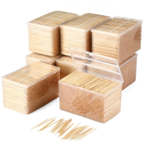 Jerify 24000 Pcs Bamboo Wooden Toothpicks Wood Round Double Sided Toothpicks with Clear Plastic Storage Box for Appetizers Food Barbecue Fruit Teeth Cleaning Party