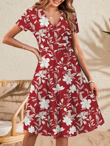 Image of MSBASIC Womens Summer Wrap V Neck Casual Dresses Floral Short Sleeve A-Line Midi Sundress