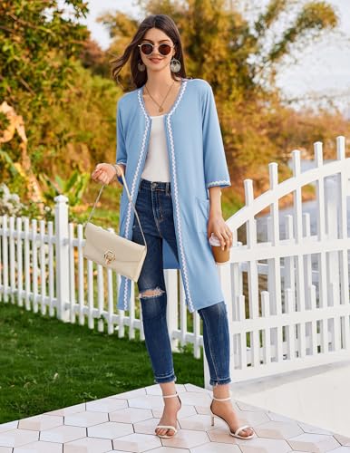 Image of Ekouaer Zipper Robes for Women 3 /4 Sleeves Lightweight House Coat Zip Up Bathrobe Soft Nightgown with Pockets S-3XL
