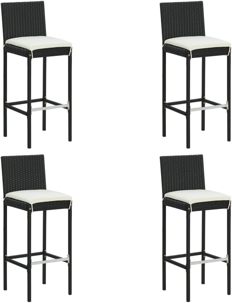 vidaXL 4-Piece Set of Black Poly Rattan Garden Bar Stools with Cream Cushions - Suitable for Outdoor, Garden, Patio, Deck & Kitchen Counter Use
