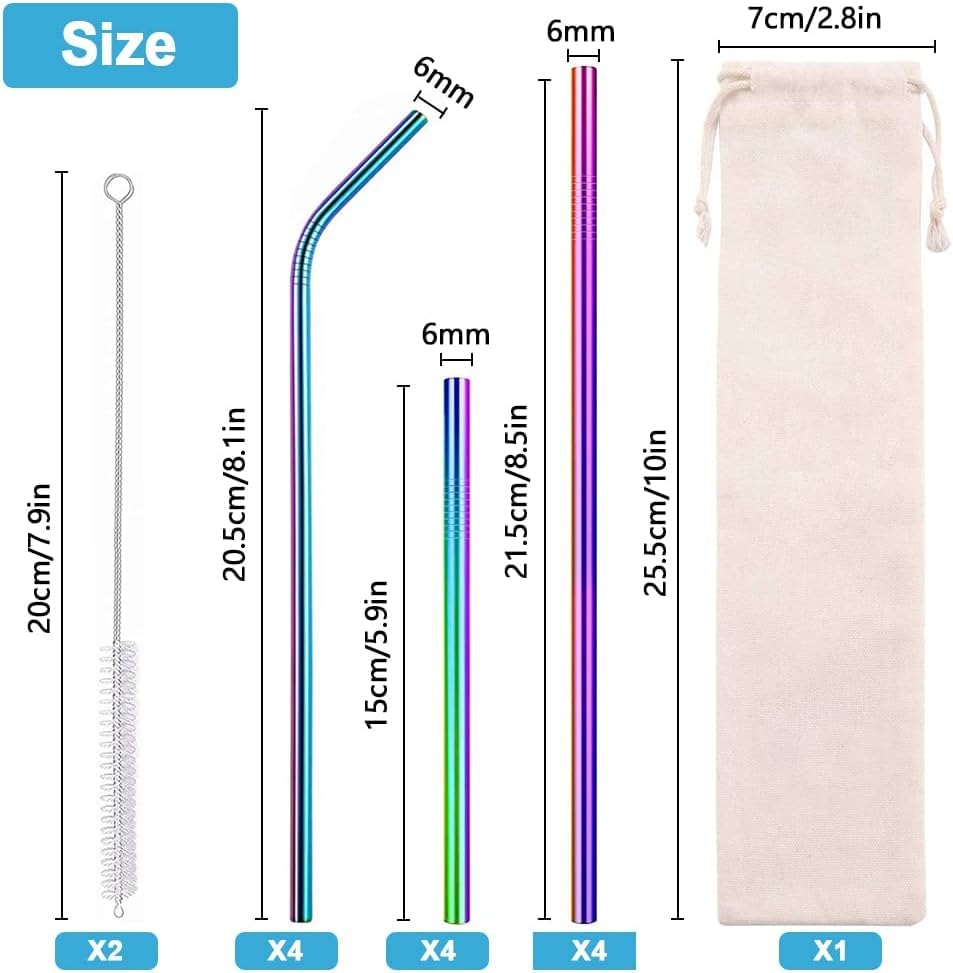 12 Pcs Metal Drinking Straws, 21/20.5/15cm Reusable Metal Straws, Stainless Steel Metal Straw Set with 2 Cleaning Brushes and Storage Bag, Straight and Bent Coloured Straws, for Juice, Cocktail, Drink - Image 2