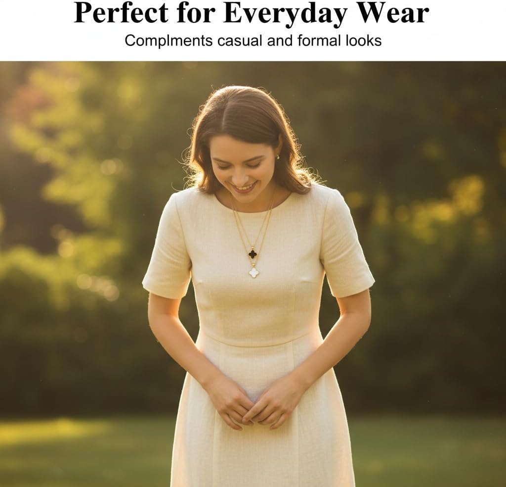 2-Piece 18K Gold Plated Four Leaf Clover Necklace Set | Dainty Lucky Charm Jewelry for Women | Gift for Valentine’s Day, Anniversary & Wedding (Black/White) - Image 3