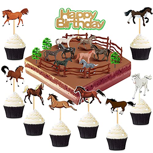 42Pcs Horse Toppers Kit With Happy Birthday Cake Topper, Horse Cupcake Toppers, Horse Miniature Toys, Fence And Grasses Decorating For Horse Racing Birthday Western Cow Theme Party Decor Supply #TOP5