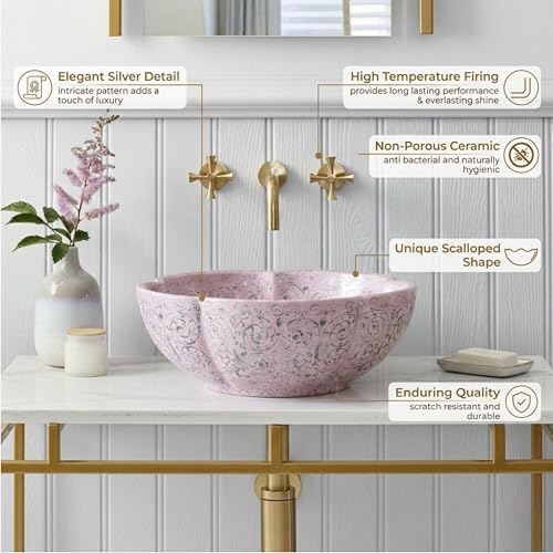 Image of BASSINO 16.5x16.5x5 Inches Designer Moroccan Design Ceramic Tabletop Wash Basin /Matte Pink Floral Art Bowl Sink for Bathroom /Handcrafted Countertop Washbasin for Office /Hotel(Matt)