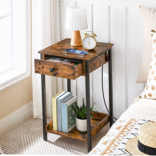 Hoobro Nightstand With Charging Station, Tall Side Table, End Table With Drawer And Storage Shelf, Industrial End Telephone Table, For Study, Bedroom, Space Saving, Rustic Brown And Black Bf71Ubz01 #TOP4