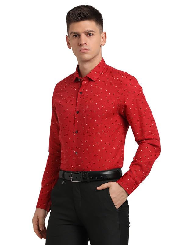 Image of Turtle Men Cotton Linen Red Printed Slim Fit Full Sleeve Formal Shirt