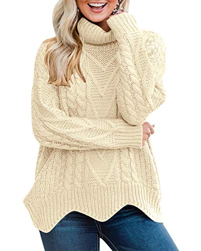 Women Warm Loose Long Sleeve Sweater High Neck Casual Ribbed Pullover Tops Oatmeal L