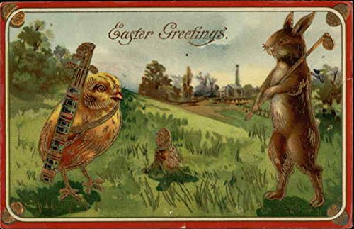 Easter Greetings Chick and Rabbit Playing Golf With Chicks Original