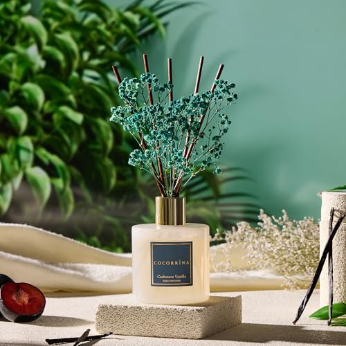 Image of COCORRINA Reed Diffuser - Cashmere Vanilla 17 Fl.oz Reed Diffuser with 8 Sticks Scented Diffuser with Preserved Flowers for Bathroom Home Decor