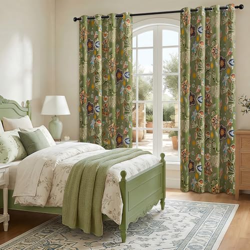 Image of XiDi Sage Green Floral Patterned Curtains Boho 100% Blackout Curtains 52x84