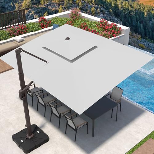 Image of 9' X 12' Patio Umbrella with LED Lights Outdoor Cantilever Large Rectangle Offset Umbrellas Heavy Duty Aluminum Double Top with 360-degree Rotation for Pool Garden Deck, Fog Grey