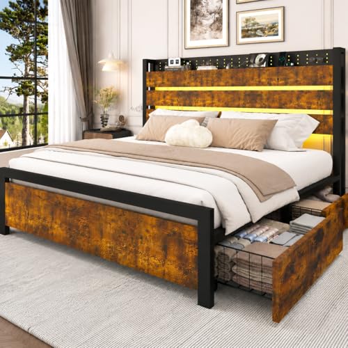 Lazmvlz Platform Bed Frame Queen Size with 4 Storage Drawers, Metal Bed Frames with Charging Station and LED Lights, Heavy Duty Bedframe with Headboard, No Box Spring Needed, Noise Free, Vintage Brown