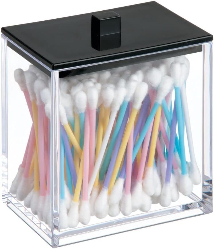 mDesign Plastic Rectangle Apothecary Canister - Organizer for Bathroom Vanity Countertop Shelf Decor - Holds Cotton Swabs, Soap, Makeup, Bath Salts - Lumiere Collection - 2 Pack - Clear/Matte Black