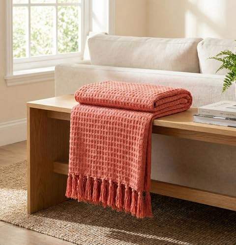 Image of Furnistitchs Bohemian Cotton Sofa Throw Blanket 50x60 inches | Waffle Knit & Chevron Pattern with Fringes | Aesthetic Decorative Couch Throw for Living Room & Bedroom (Coral Peach)
